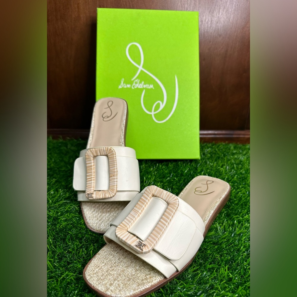 Sam Edelman Inez, ivory leather. Womens Buckle Square Toe Slide Sandals 7.5M